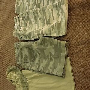 3 Pc Bundle - Camo Pants, Camo Shorts, And Lace Trim Top